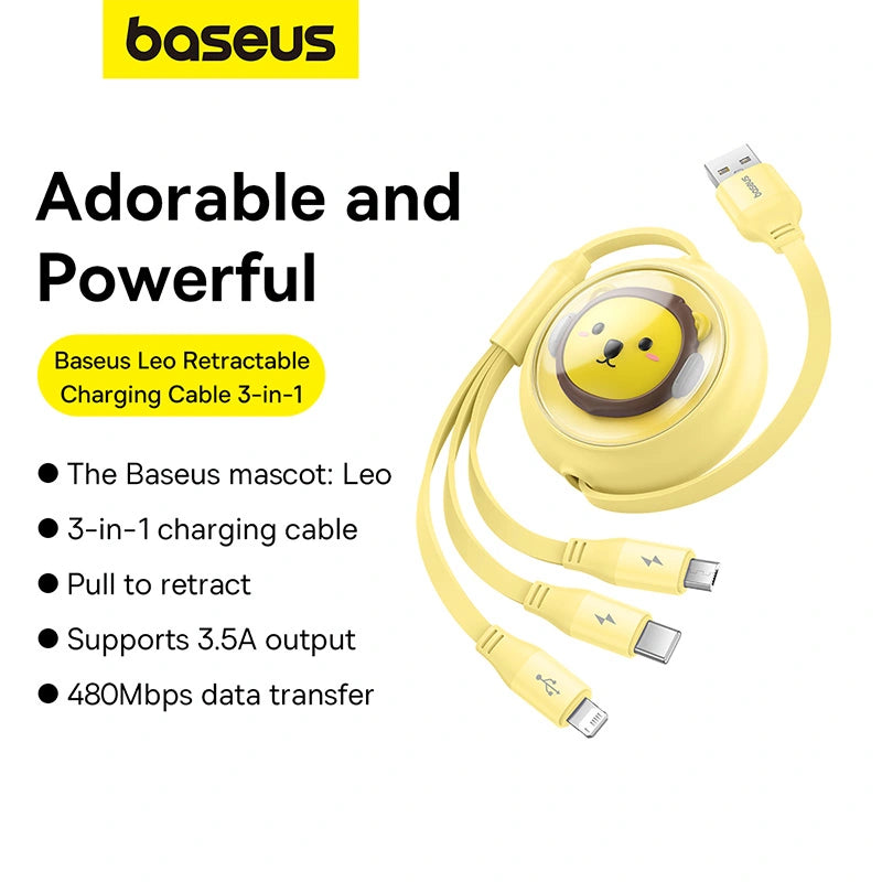 Baseus Leo Retractable Charging Cable 3-in-1 USB to M+L+C 3.5A 1.1m