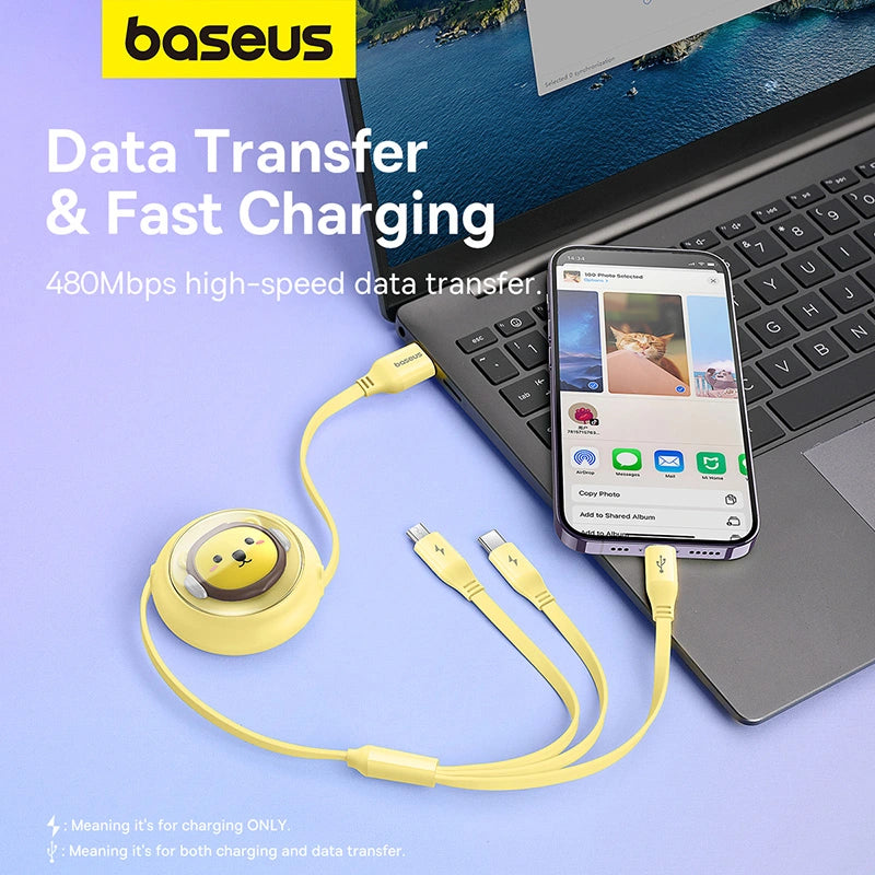 Baseus Leo Retractable Charging Cable 3-in-1 USB to M+L+C 3.5A 1.1m