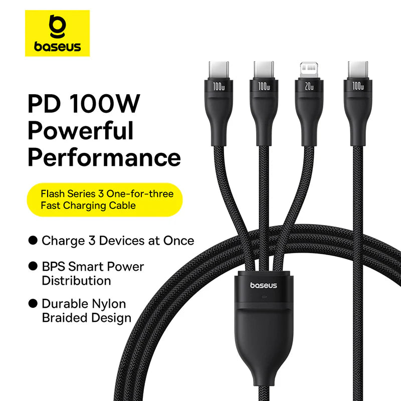 Baseus Flash Series 3 One-for-three Fast Charging Cable Type-C to C+C+L 100W 1.5m Cluster Black