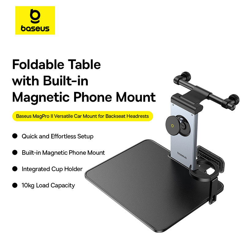 Baseus MagPro Series Versatile Car Mount for Backseat Headrest - Foldable Laptop Desk, 360° Rotatable Phone Holder, Adjustable, Easy Install