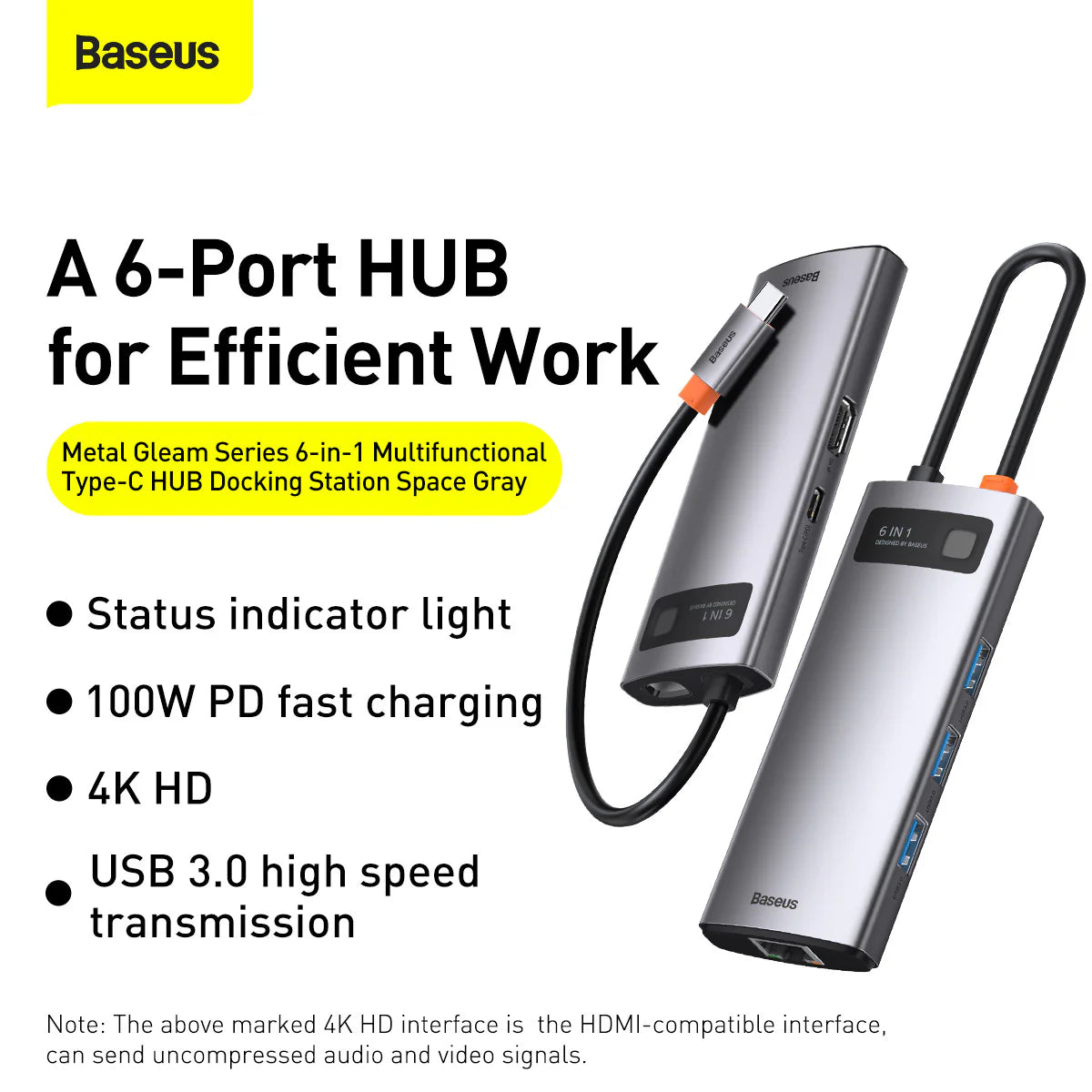 Baseus Metal Gleam Series 6-in-1 Multifunctional Type-C HUB Docking Station(Type-C to HDMI*1+USB3.0*3+PD*1+VGA*1)