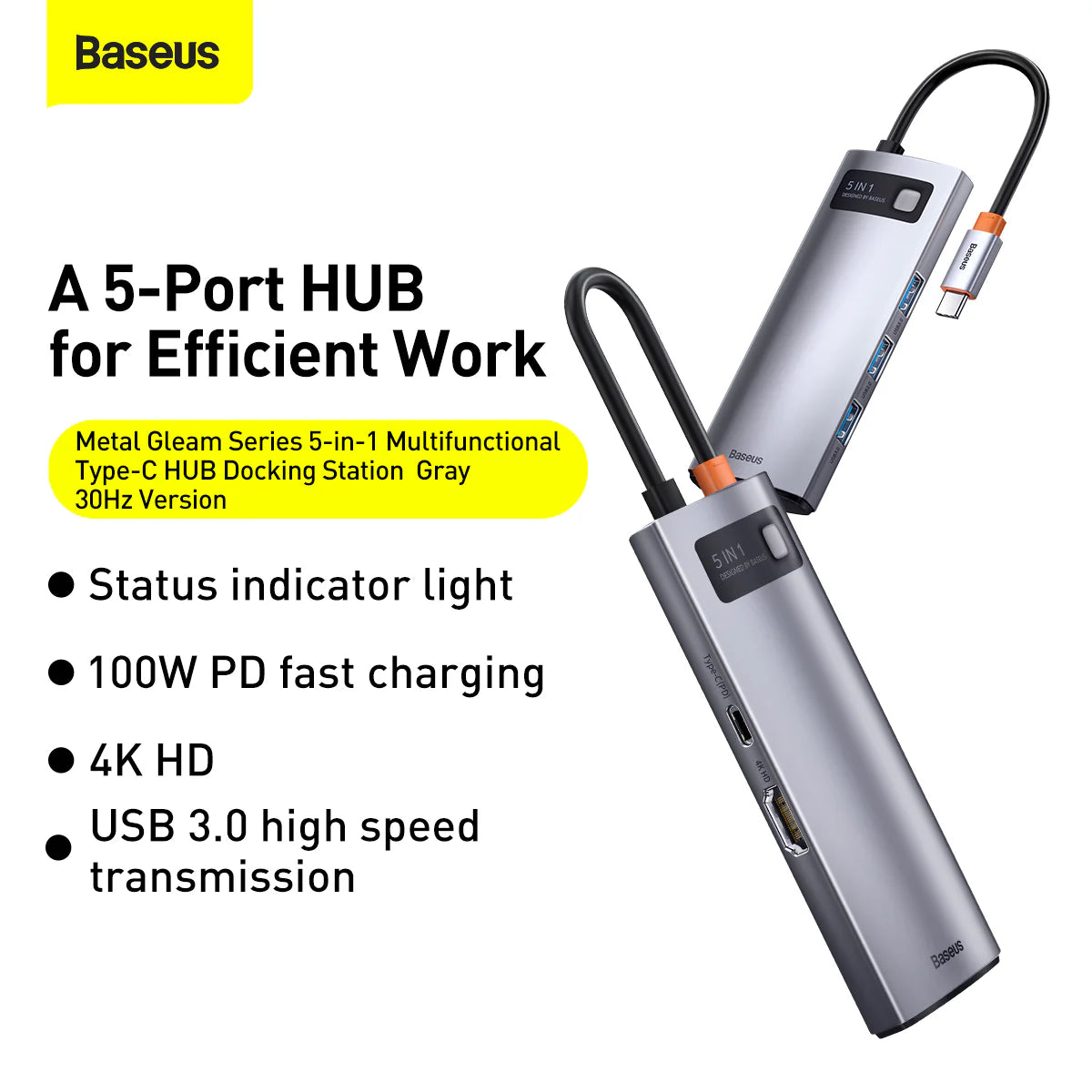 Baseus Metal Gleam Series 5-in-1 Multifunctional Type-C HUB Docking Station Gray 30Hz Version(Type-C to HDMI*1+USB3.0*3+PD*1)