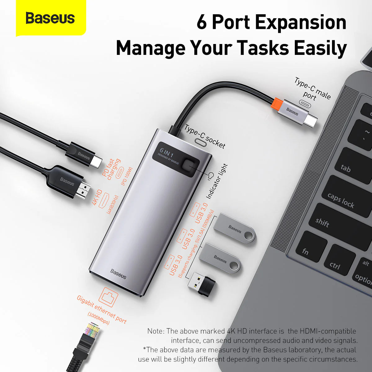 Baseus Metal Gleam Series 6-in-1 Multifunctional Type-C HUB Docking Station(Type-C to HDMI*1+USB3.0*3+PD*1+VGA*1)