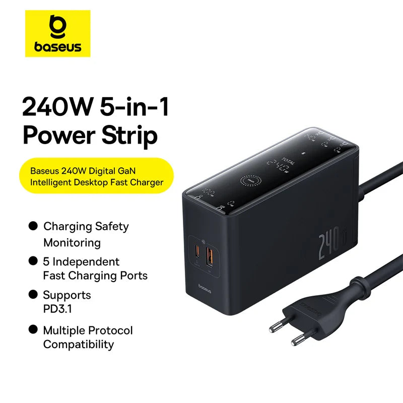 Baseus Digital GaN Intelligent Desktop Fast Charger 3C+U+DC 240W EU Cluster Black (With:DC-DC Charging Cable 240W 1m Black)