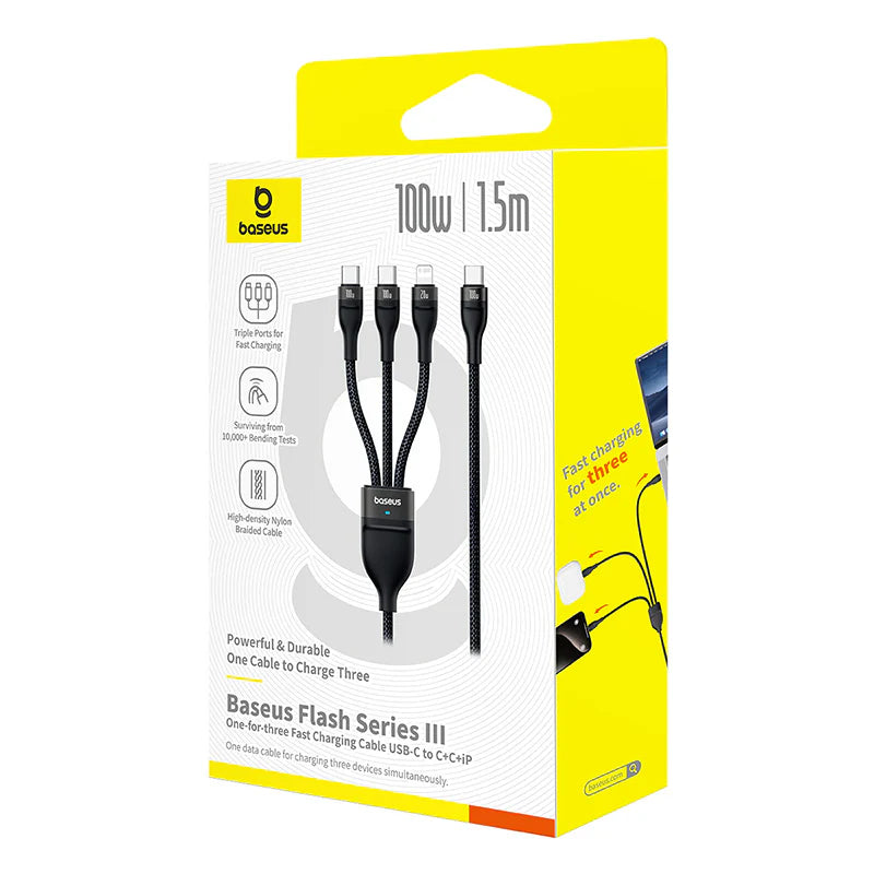 Baseus Flash Series 3 One-for-three Fast Charging Cable Type-C to C+C+L 100W 1.5m Cluster Black