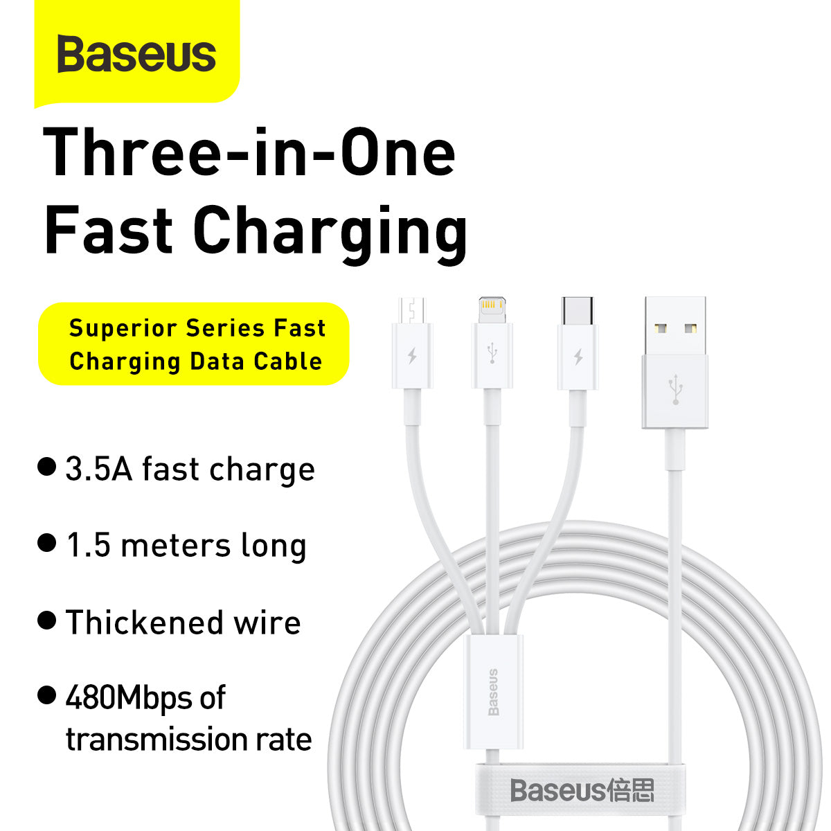 Baseus Superior Series Fast Charging Data Cable USB to M+L+C 3.5A