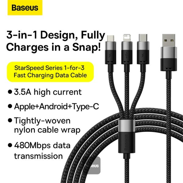 Baseus StarSpeed 1-for-3 Fast Charging Data Cable USB to M+L+C 3.5A 1.2m