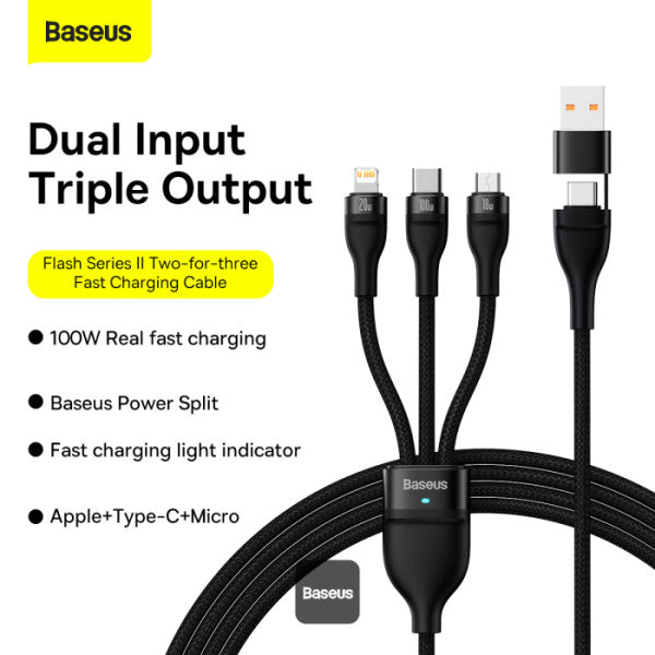 Baseus Flash Series 2 Two-for-three Charging Cable U+C to M+L+C 100W 1.2m