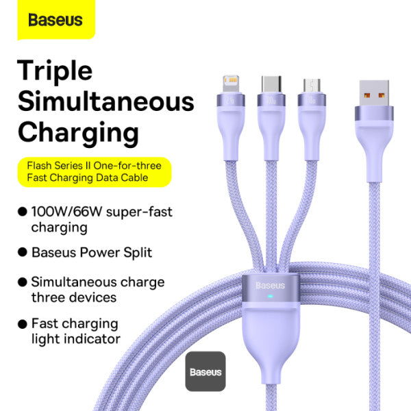 Baseus Flash Series Ⅱ One for three Fast Charging Data Cable USB to M+L+C 100W 1.2m