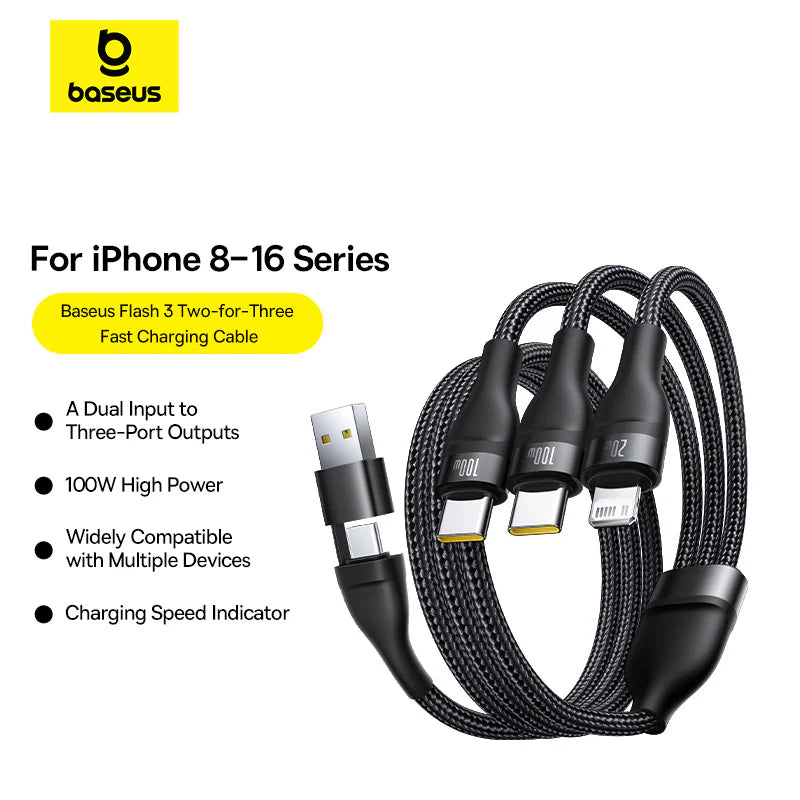 Baseus Flash Series 3 Two-For-Three Fast Charging Cable U+C To C+C+L 100W