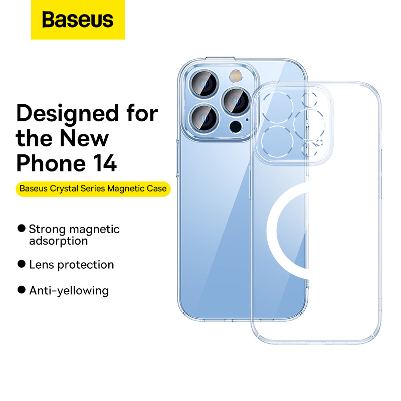 Baseus Crystal Series Magnetic Case for iP 14 Series (Pack of 1 with full coverage tempered glass screen protector and cleaning kit), Clear