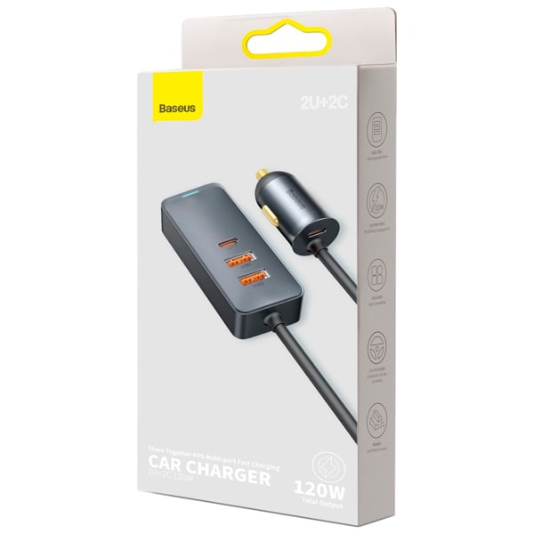 Baseus Share Together PPS Multi-Port Fast Charging Car Charger With Extension Cord 120W 2U+2C