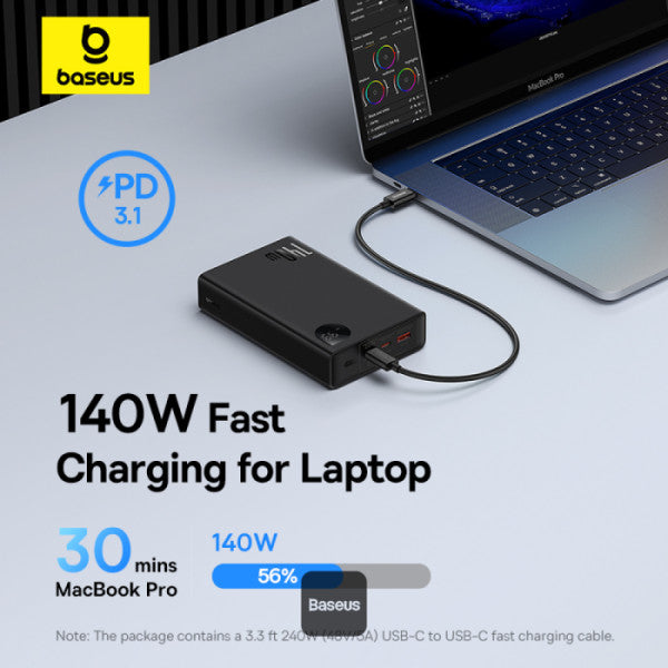 Baseus Adaman Digital Display Fast Charge Power Bank 24000mAh 140W(With Superior Series Fast Charging Data Cable Type-C to Type-C 240W (48V/5A) 1m Black)