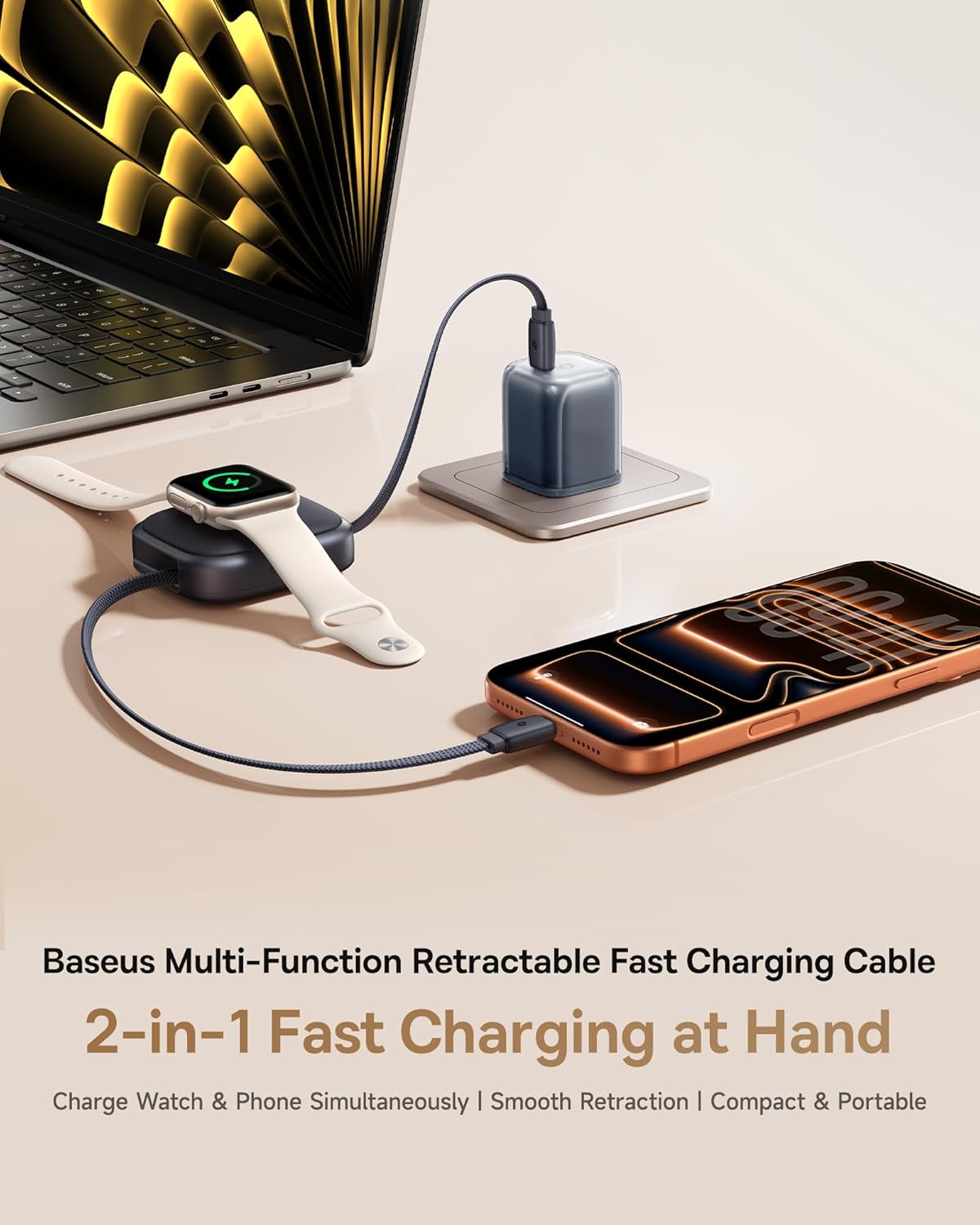 Baseus Retractable USB C Cable for Apple Watch, 100W 5A Fast Charging Cable with 2.5W Max Wireless Charger