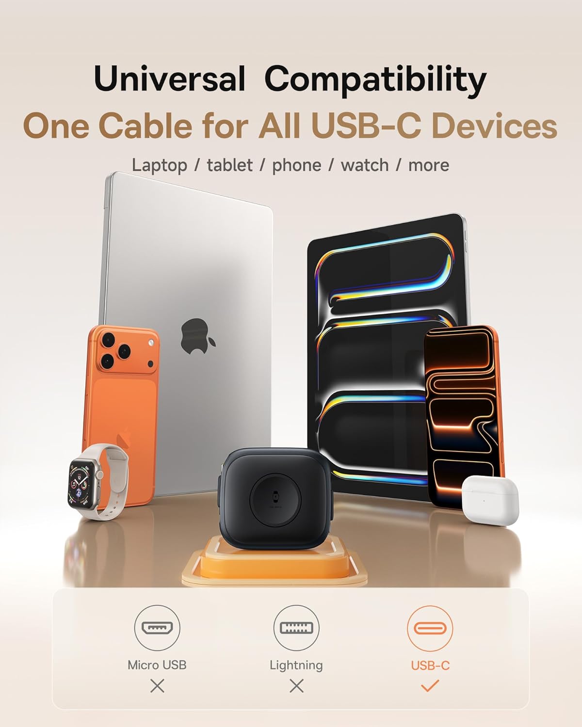 Baseus Retractable USB C Cable for Apple Watch, 100W 5A Fast Charging Cable with 2.5W Max Wireless Charger
