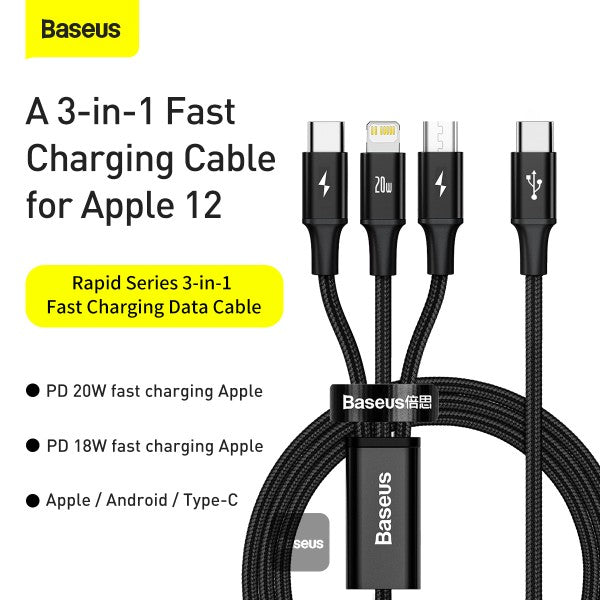 Baseus Rapid Series 3-in-1 Fast Charging Data Cable Type-C to C+L+C PD 20W 1.5m