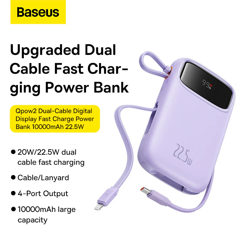 Baseus Qpow2 Dual-Cable Digital Display Fast Charge Power Bank 10000mAh 22.5W(With: Simple charging cable Type-C 3A 0.3m )