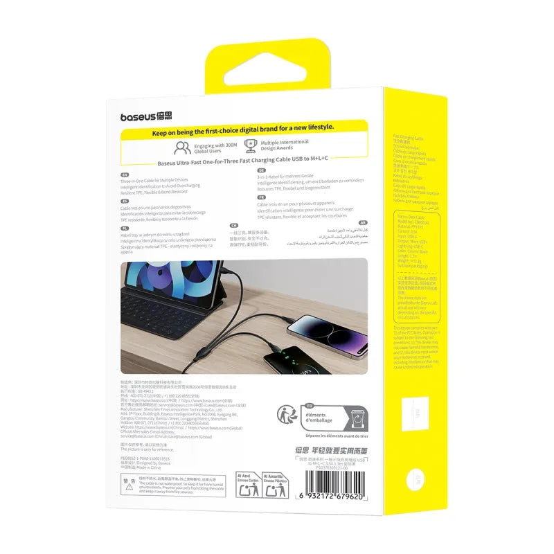 Baseus Ultra-Fast 3 in 1 Fast Charging Cable USB to Micro USB Lightning USB-C 3.5A 1.3m