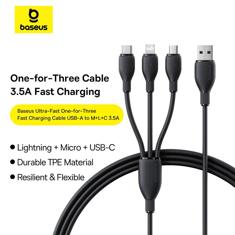 Baseus Ultra-Fast 3 in 1 Fast Charging Cable USB to Micro USB Lightning USB-C 3.5A 1.3m
