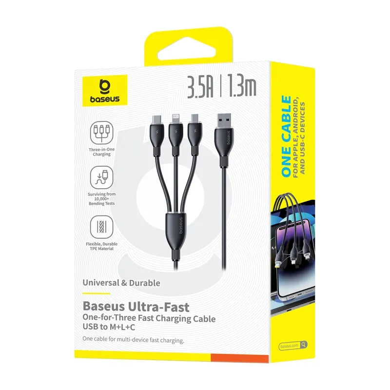 Baseus Ultra-Fast 3 in 1 Fast Charging Cable USB to Micro USB Lightning USB-C 3.5A 1.3m