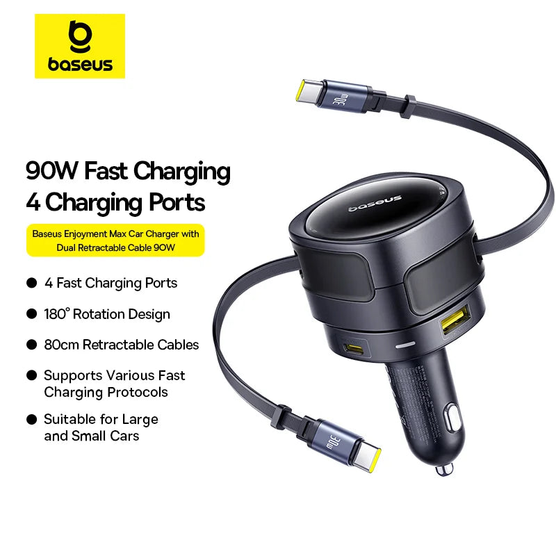 Baseus Enjoyment Max Car Charger C+L Cables & U+C Ports 90W Cosmic Black