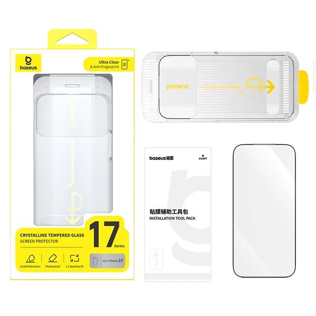 Baseus Crystalline Tempered Glass Screen Protector for iPhone 17 with Dustproof Installation Tray Clear Pack of 1 (Includes 1 Cleaning Kit)