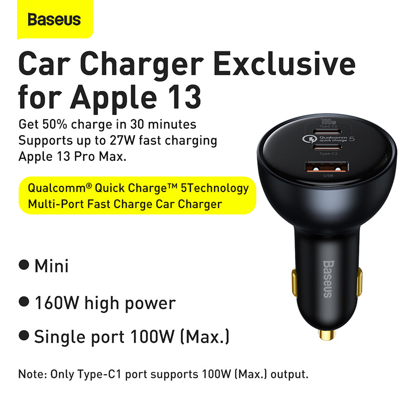 Baseus Car Charger 160W Qualcomm Quick Charge 5 Technology 2C+U With 100w Type-C Cable