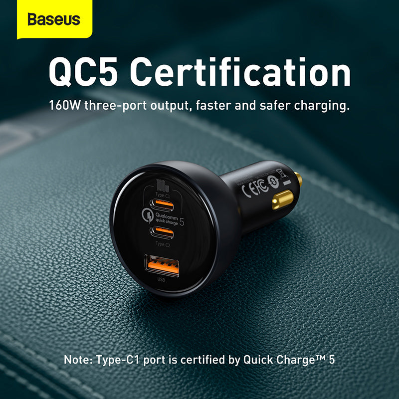 Baseus Car Charger 160W Qualcomm Quick Charge 5 Technology 2C+U With 100w Type-C Cable