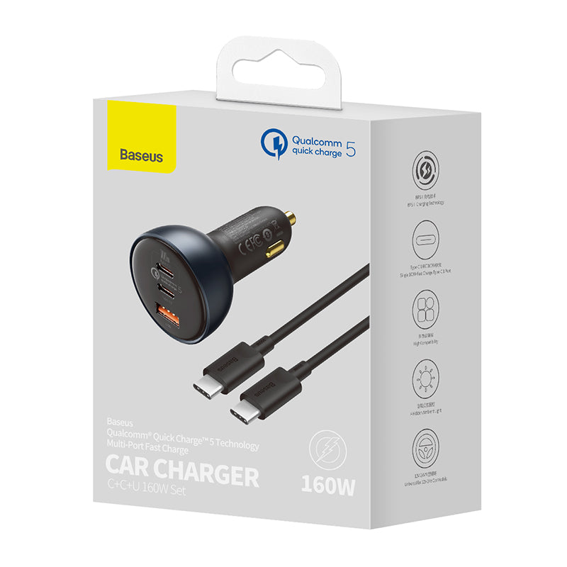Baseus Car Charger 160W Qualcomm Quick Charge 5 Technology 2C+U With 100w Type-C Cable