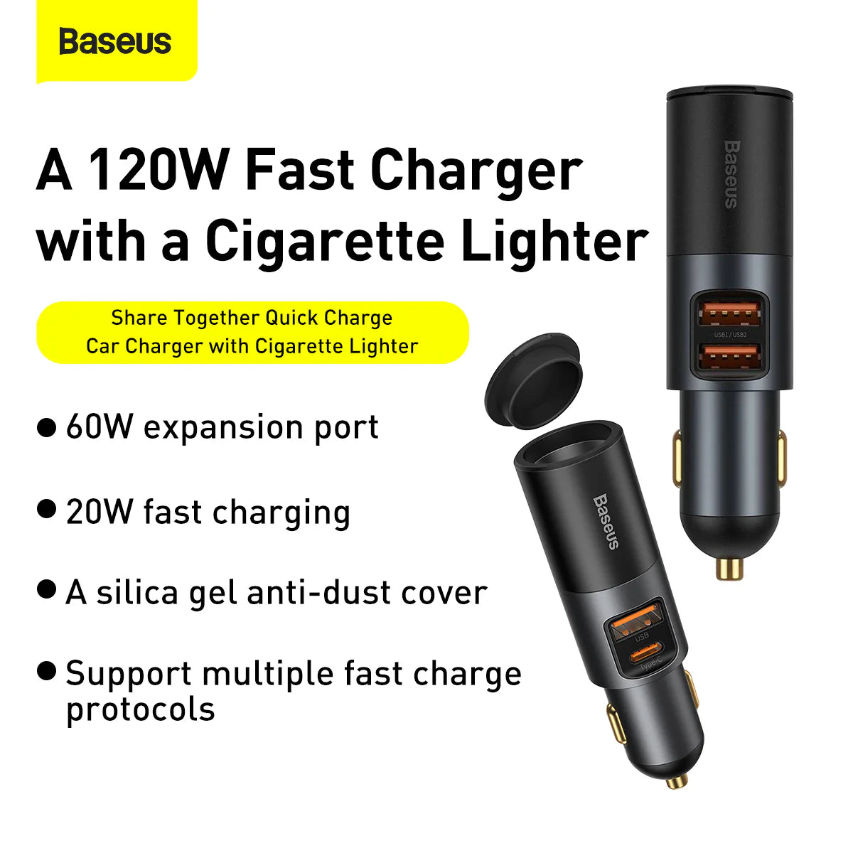 Baseus Share Together Fast Charge Car Charger with Cigarette Lighter Expansion Port 120W