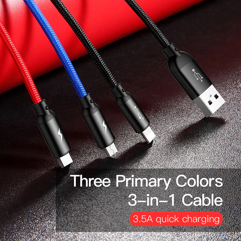 Baseus Three Primary Colors 3-in-1 Cable USB For M+L+T 3.5A 1.2m