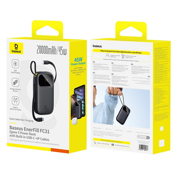 Baseus EnerFill FC31 Qpow 3 Digital Display Power Bank with USB-C+iP Cables 20000mAh 45W