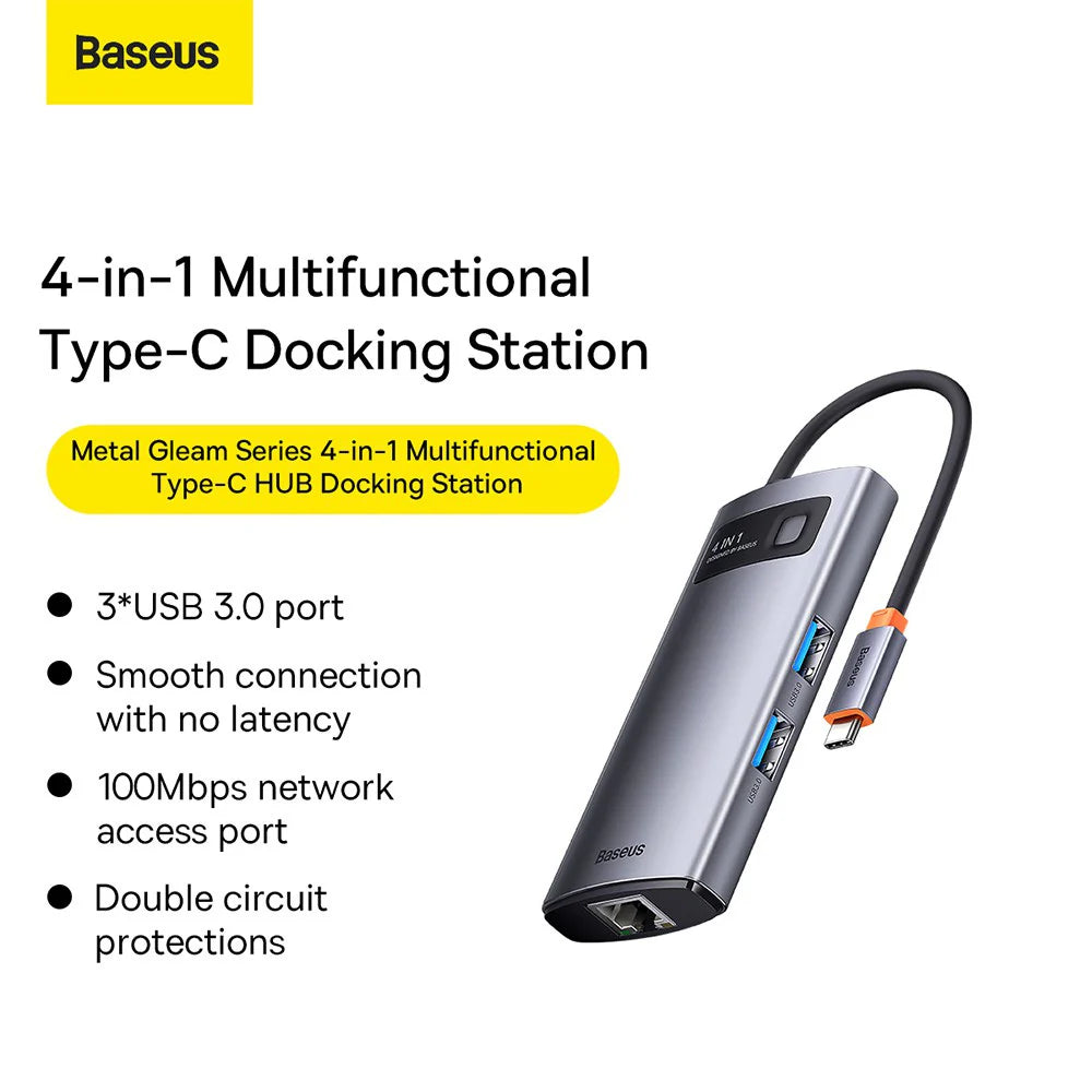 Baseus Metal Gleam Series 4-in-1 Multifunctional Type-C HUB Docking Station( Type-C to HDMI*1+USB3.0*1+USB2.0*1+PD*1)