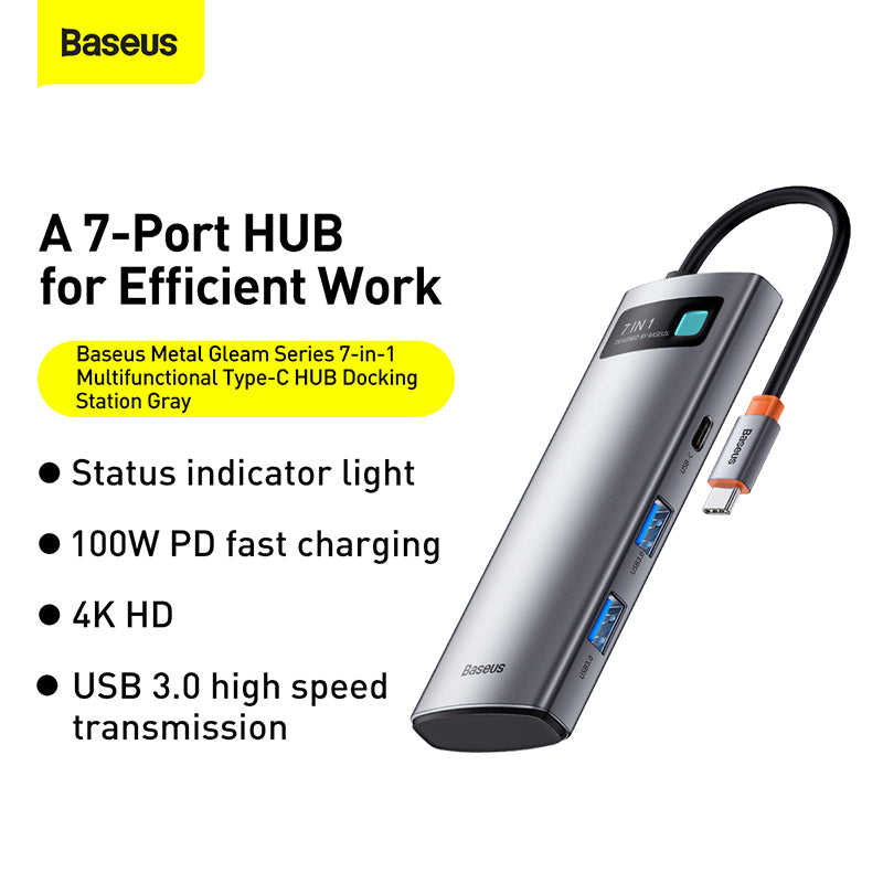Baseus Metal Gleam Series 7-in-1 Multifunctional Type-C HUB Docking Station Gray （
Type-C to HDMI*1+USB3.0*3+PD*1+VGA*1+RJ45*1）