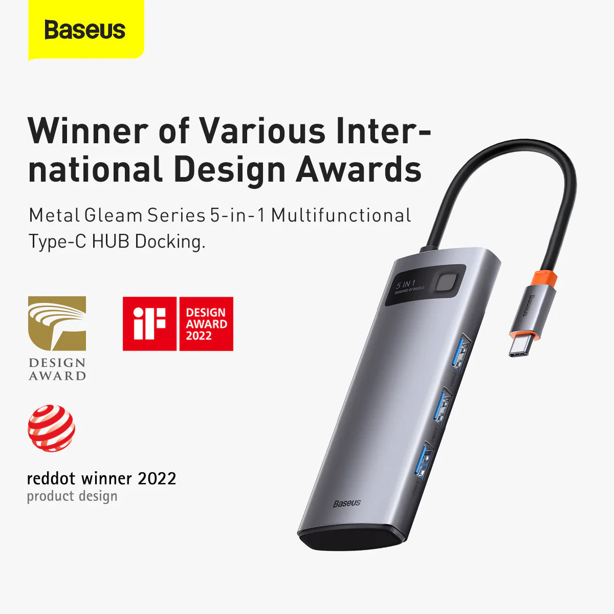 Baseus Metal Gleam Series 5-in-1 Multifunctional Type-C HUB Docking Station Gray 30Hz Version（Type-C to HDMI*1+USB3.0*3+PD*1)
