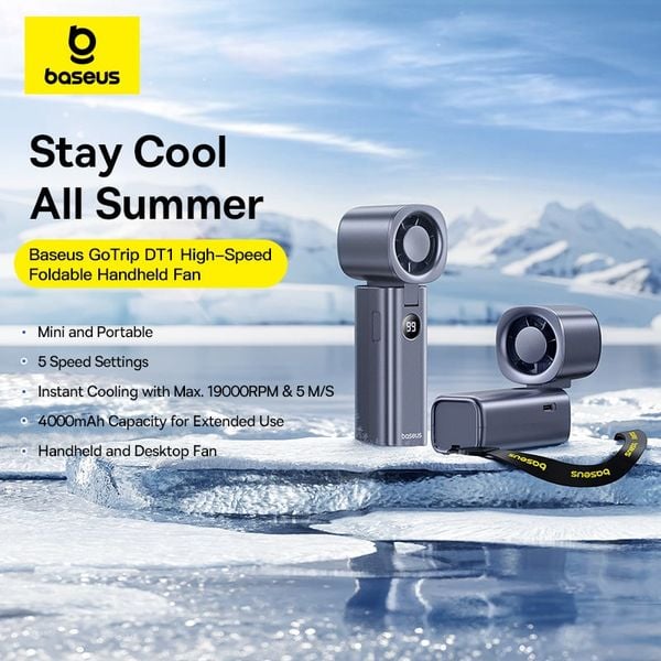 Baseus Foldable Handheld Fan 5-Speed Wind and Digital Display 4000mAh Rechargeable Portable Mini Fan For Indoor and Outdoor Use