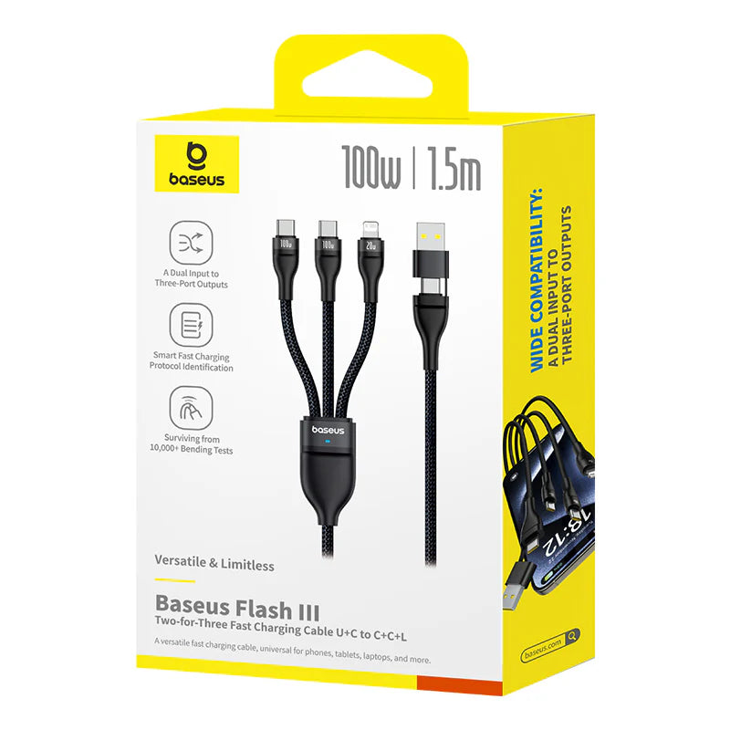 Baseus Flash Series 3 Two-For-Three Fast Charging Cable U+C To C+C+L 100W