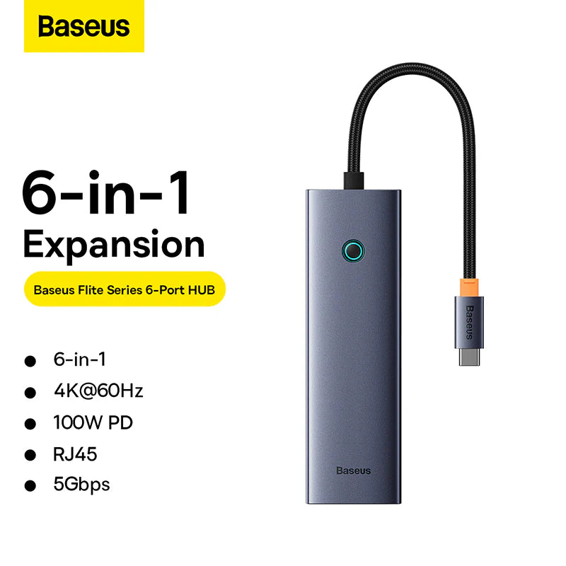Baseus UltraJoy Series 6-Port HUB AIR Space Grey（Type-C to HDMI4K@60Hz*1+USB3.0*2+USB2.0*1+Type-C3.0*1+PD*1）