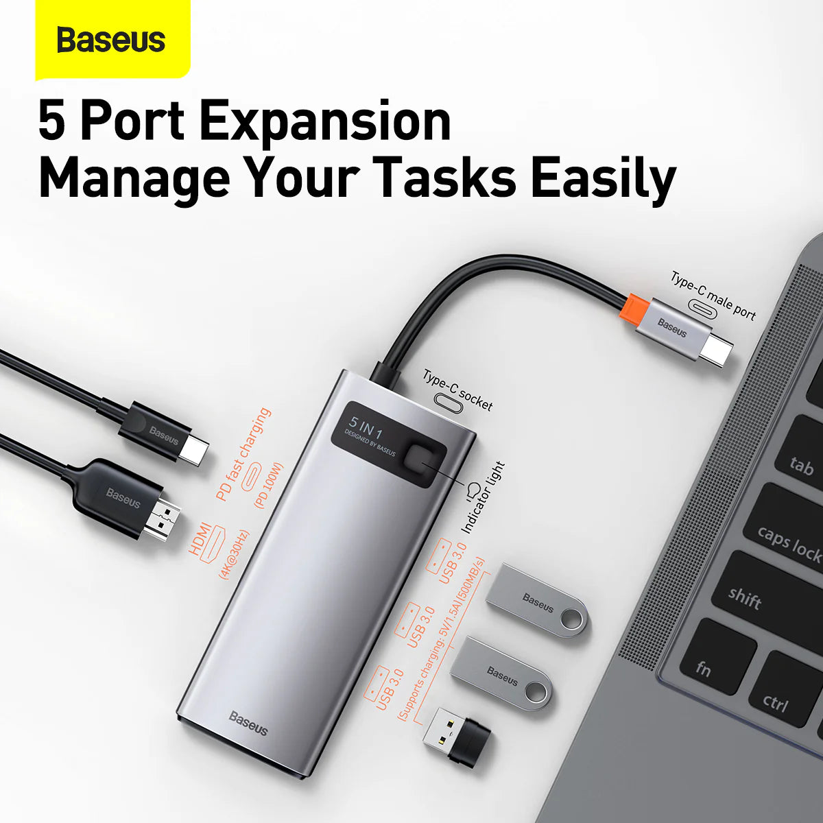 Baseus Metal Gleam Series 5-in-1 Multifunctional Type-C HUB Docking Station Gray 30Hz Version（Type-C to HDMI*1+USB3.0*3+PD*1)