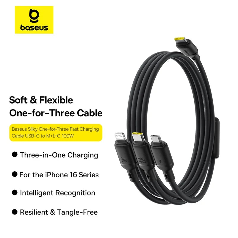 Baseus Silky One-for-Three Fast Charging Cable USB-C to M+L+C 100W 1.5m Cosmic Black 