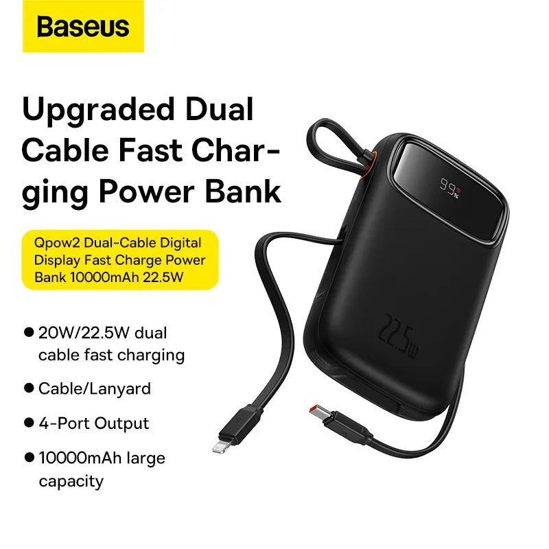 Baseus Qpow2 Dual-Cable Digital Display Fast Charge Power Bank 20000mAh 22.5W (With: Simple charging cable  Type-C  3A 0.3m  Black)