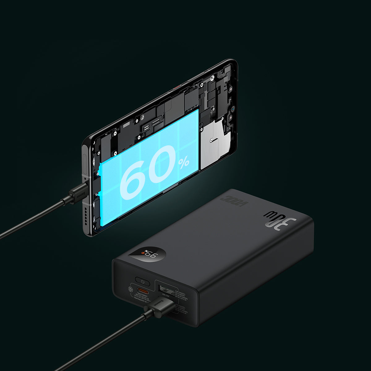 Baseus Adaman2 Digital Display Fast Charge Power Bank 20000mAh 30W （VOOC Edition)（ With Simple Series Charging Cable USB to Type-C 3A 0.3m Black）