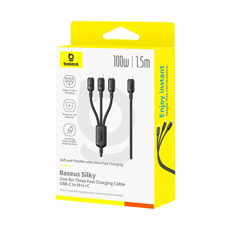 Baseus Silky One-for-Three Fast Charging Cable USB-C to M+L+C 100W 1.5m Cosmic Black 