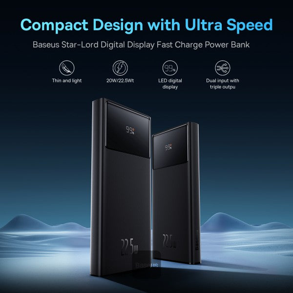 Baseus Star-Lord Digital Display Fast Charge Power Bank 10000mAh 22.5W Black（With Simple Series Charging Cable USB to Type-C 3A 0.3m Black）