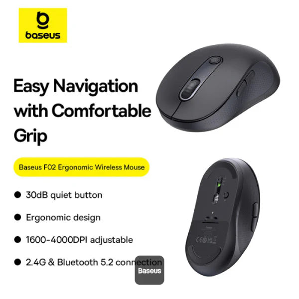 Baseus F02 Ergonomic Wireless Mouse (Bluetooth+USB Version)
