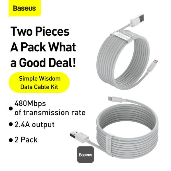 Baseus Simple Wisdom Data Cable Kit USB to Lightning 2.4A 2Pack 1.5M - White