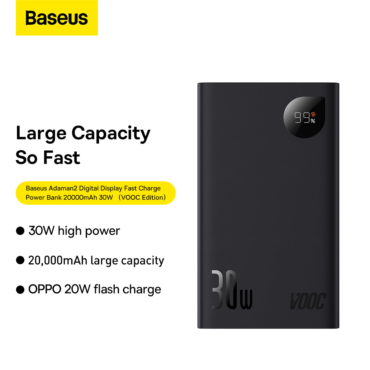 Baseus Adaman2 Digital Display Fast Charge Power Bank 20000mAh 30W （VOOC Edition)（ With Simple Series Charging Cable USB to Type-C 3A 0.3m Black）