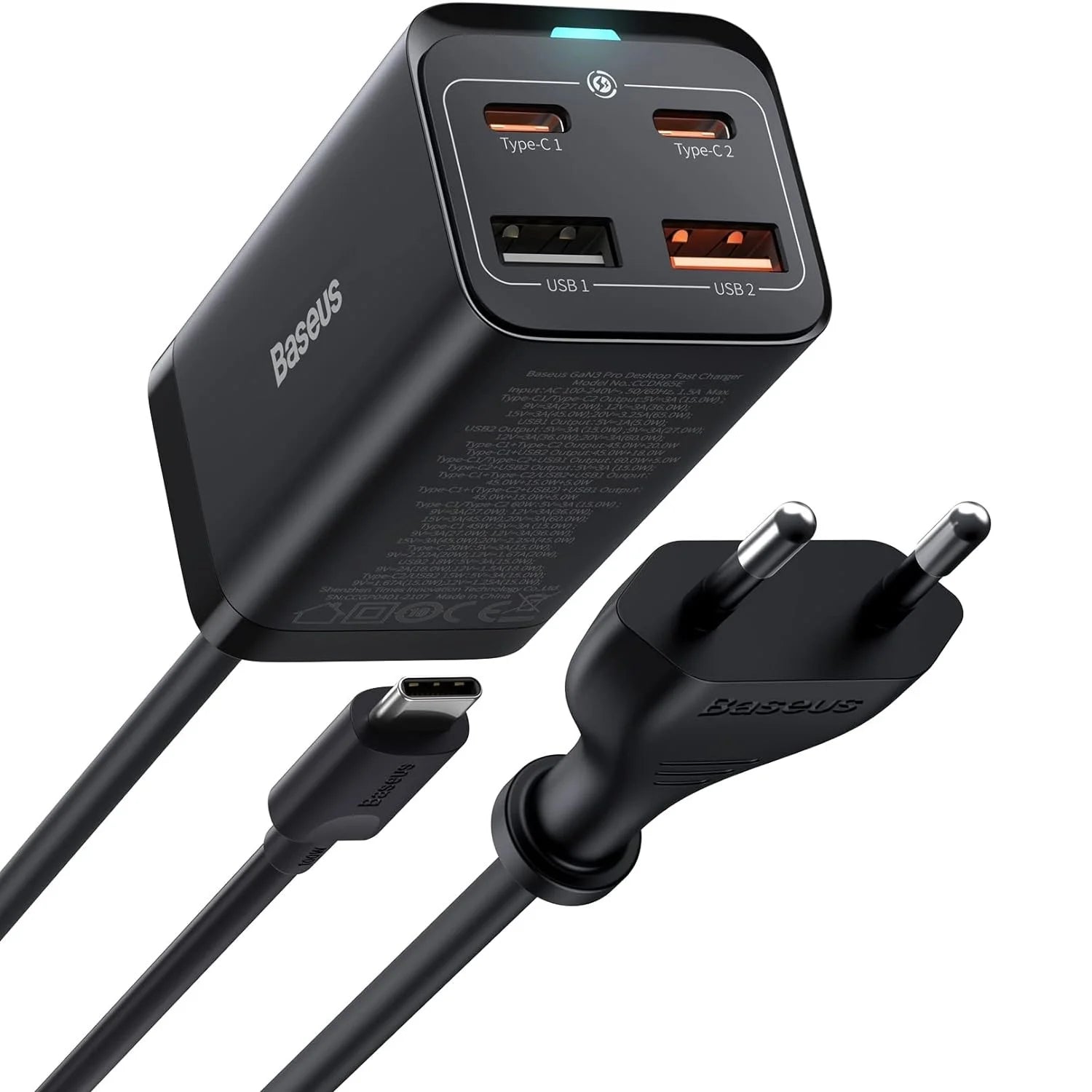 Baseus GaN3 Pro Desktop Fast Charger 2C+2U 65W CN Black(Include?Baseus Xiaobai series fast charging Cable Type-C to Type-C 100W(20V/5A) 1m