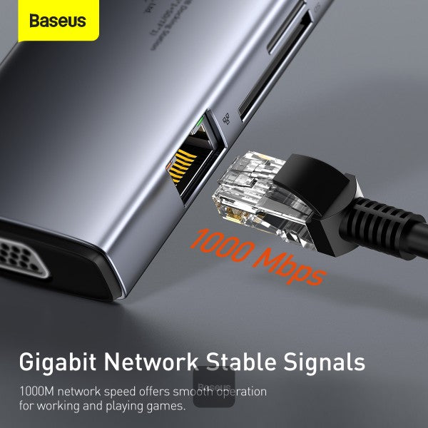 Baseus Metal Gleam Series 9-in-1 Multifunctional Type-C HUB Docking Station Space Gray（Type-C to  HDMI*1+USB3.0*3+PD*1+RJ45*1+SD/TF*1+VGA*1)