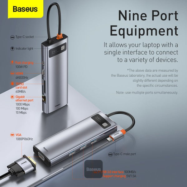 Baseus Metal Gleam Series 9-in-1 Multifunctional Type-C HUB Docking Station Space Gray（Type-C to  HDMI*1+USB3.0*3+PD*1+RJ45*1+SD/TF*1+VGA*1)